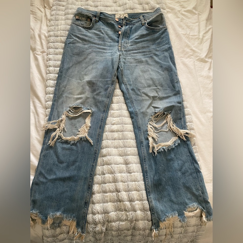 We The Free Blue Boyfriend Jeans with Distressed Knees